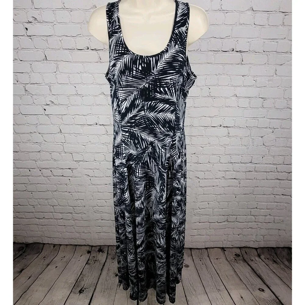 Michael Kors Navy & White Palm Leaf Front Slit Stretch Midi Dress Size Medium M